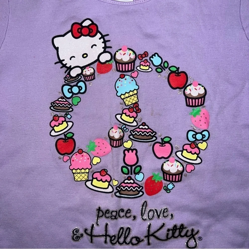 Sanrio Hello Kitty Purple Peace Sign Cake Apples T-shirt Girls Size 6X